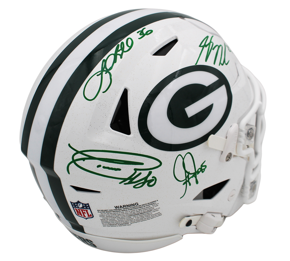 Jordy Nelson, Greg Jennings, LeRoy Butler and Donald Driver Signed Green Bay Packers Speed Flex Alternate White Authentic NFL Helmet - Image 3
