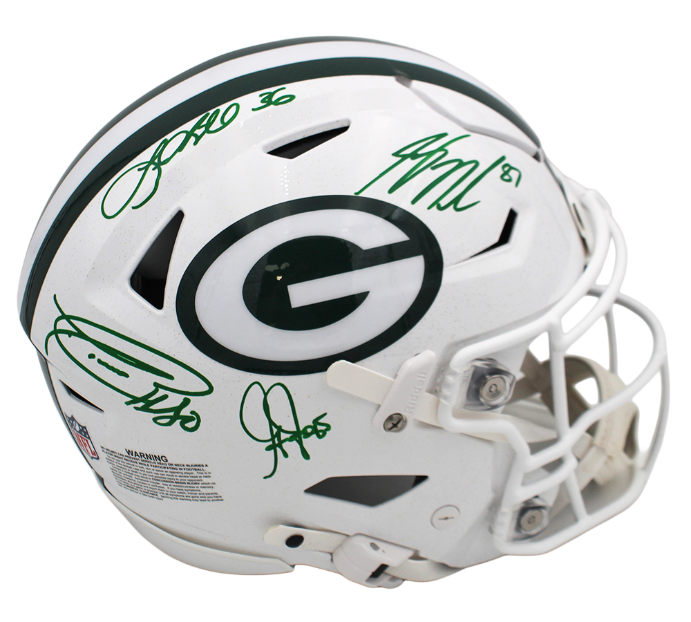 Jordy Nelson, Greg Jennings, LeRoy Butler and Donald Driver Signed Green Bay Packers Speed Flex Alternate White Authentic NFL Helmet - Image 2
