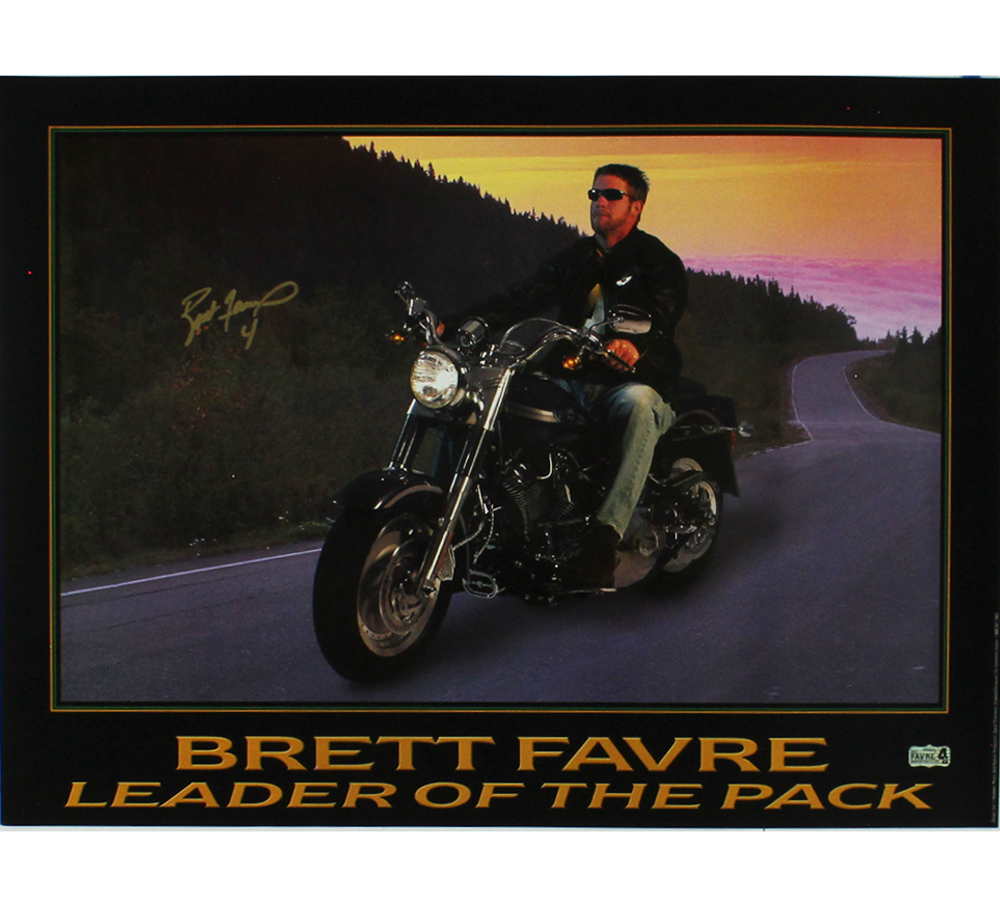 Brett Favre Signed Green Bay Packers Unframed 18x23 NFL Leader of the Pack Motorcycle Photo