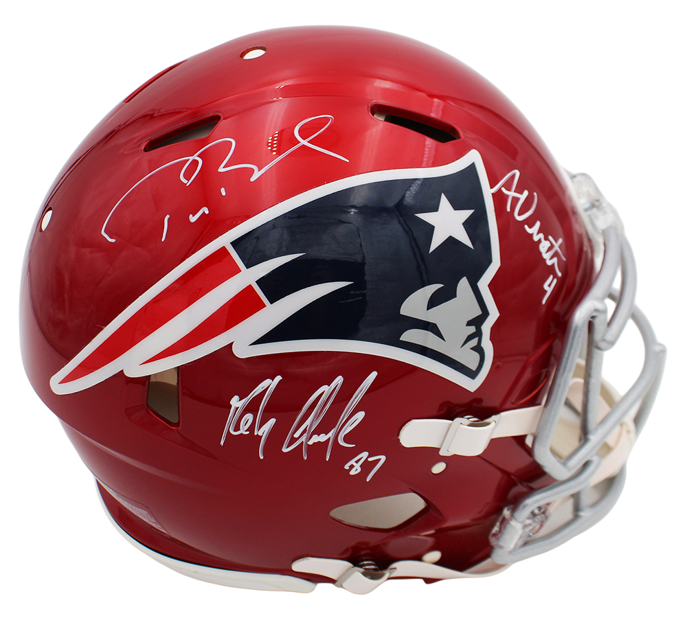 Rob Gronkowski, Tom Brady and Adam Vinatieri Signed New England Patriots Speed Authentic Flash NFL Helmet - Image 3