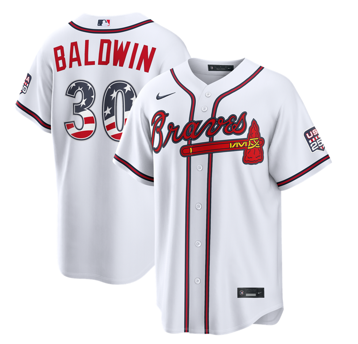 PRE-SALE - Drake Baldwin Unsigned Braves Nike Fourth of July 250 USA Stadium White Jersey Size Large