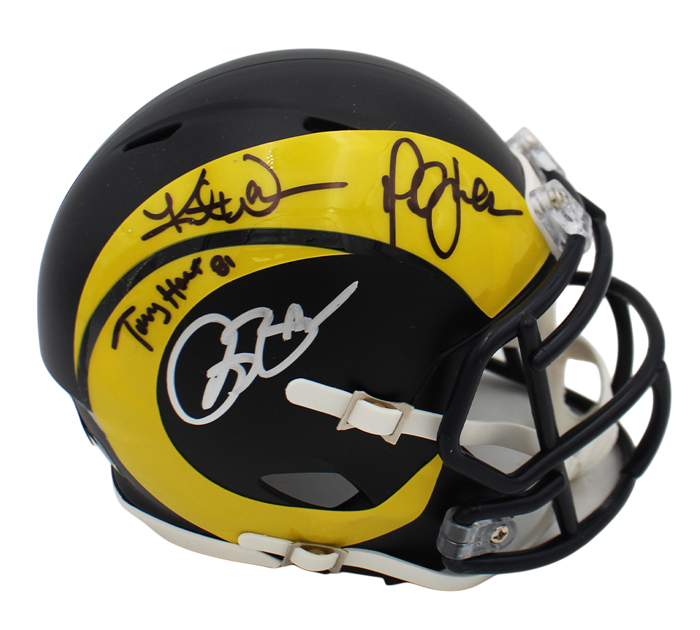 Kurt Warner, Torry Holt, Marshall Faulk and Bruce Smith Signed Los Angeles Rams Speed Rivalries NFL Mini Helmet - Image 2
