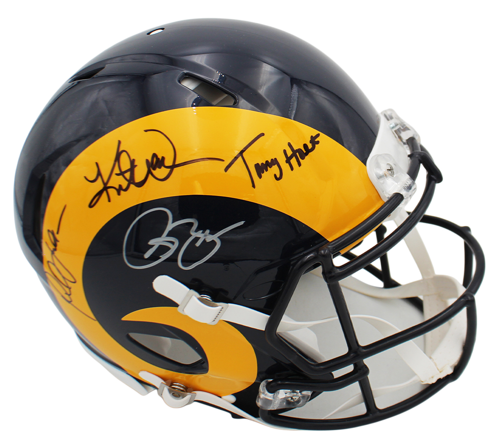 Kurt Warner, Torry Holt, Marshall Faulk and Bruce Smith Signed Los Angeles Rams Speed Authentic NFL Helmet - Image 2