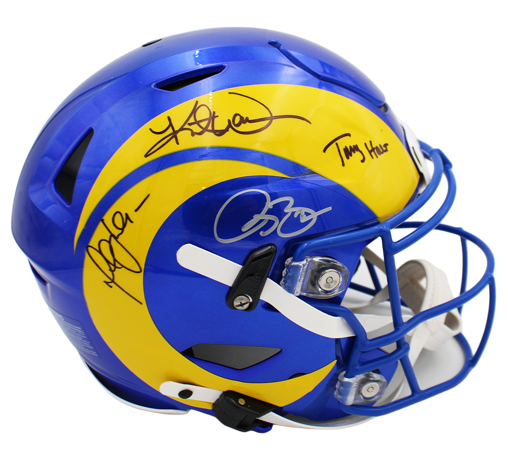 Kurt Warner, Torry Holt, Marshall Faulk and Bruce Smith Signed Los Angeles Rams Speed Flex Authentic NFL Helmet - Image 2