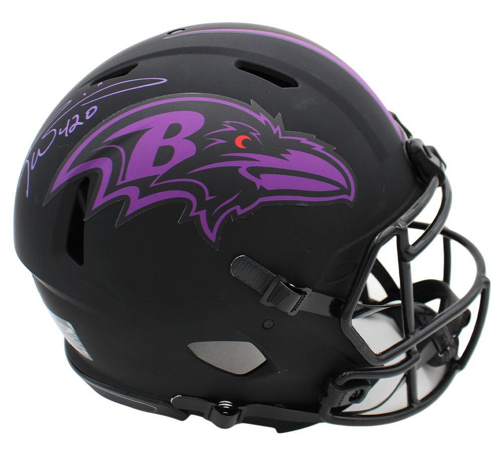 Ricky Williams Signed Baltimore Ravens Speed Authentic Eclipse NFL Helmet with "420" Inscription - Image 2
