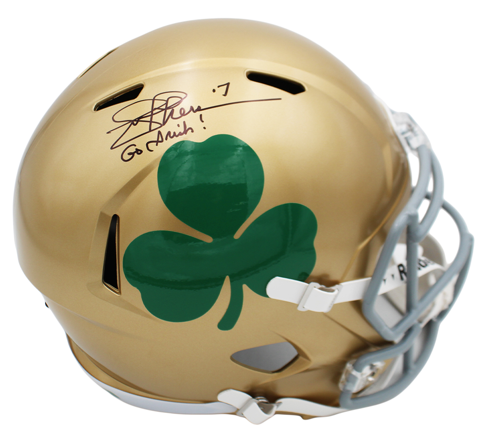 Joe Theismann Signed Notre Dame Speed Full Size Shamrock NCAA Helmet with "Go Irish" Inscription