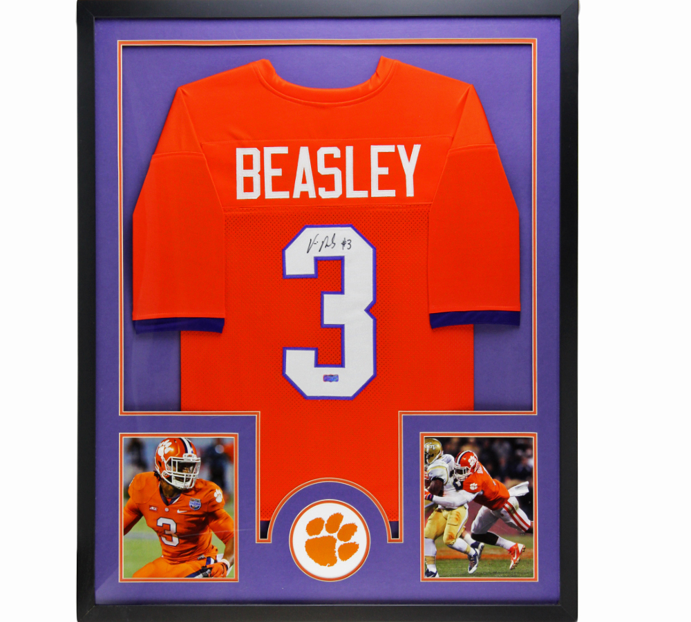 Vic Beasley Signed Clemson Tigers Large Framed Custom Orange Jersey with Paw Print Matte