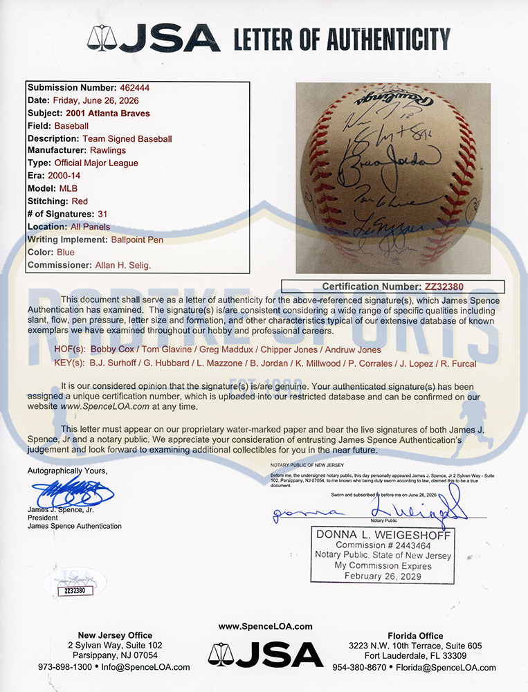 Greg Maddux Chipper Jones Tom Glavine Multi-Signed Atlanta Braves Rawlings MLB Baseball 31 Signatures - JSA LOA - Image 9