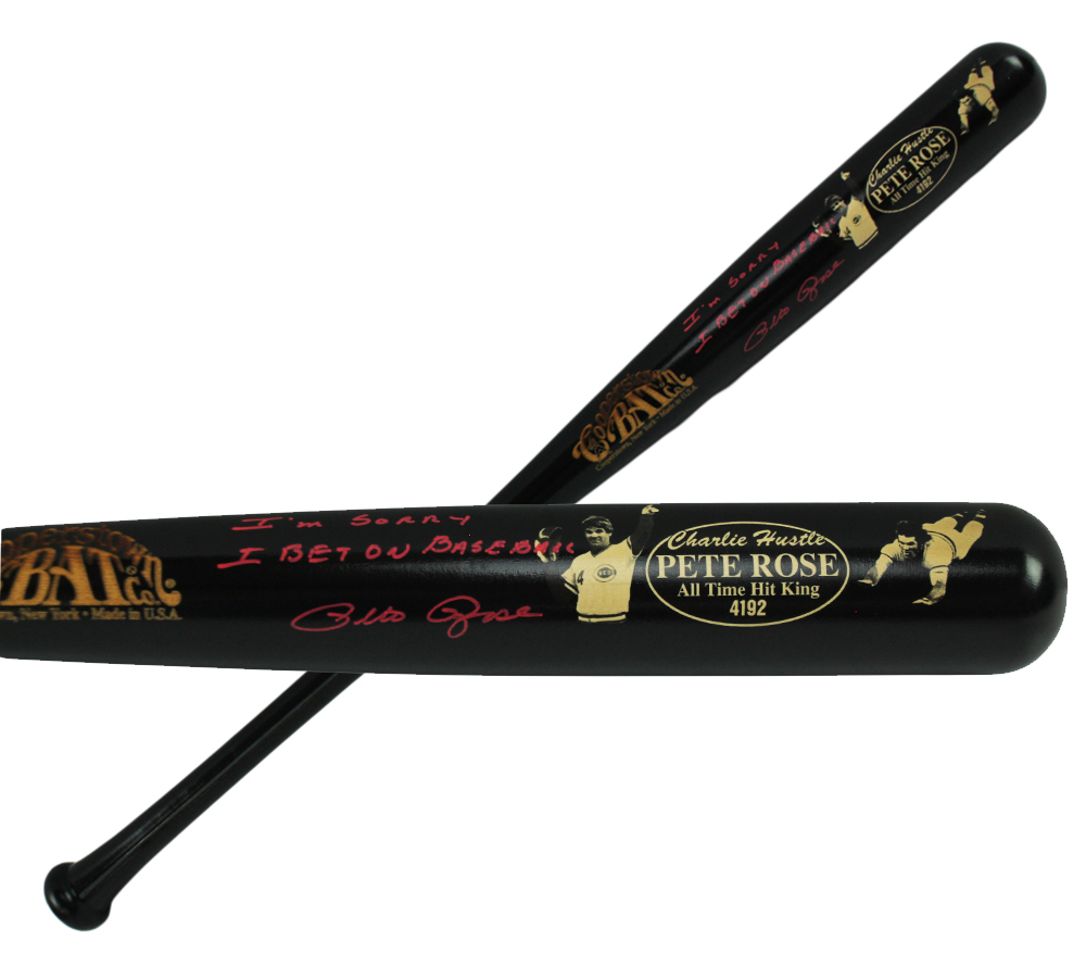Pete Rose Signed Cincinnati Reds Cooperstown Engraved Black MLB Bat - Red Ink with "I'm Sorry I Bet On Baseball" Inscription