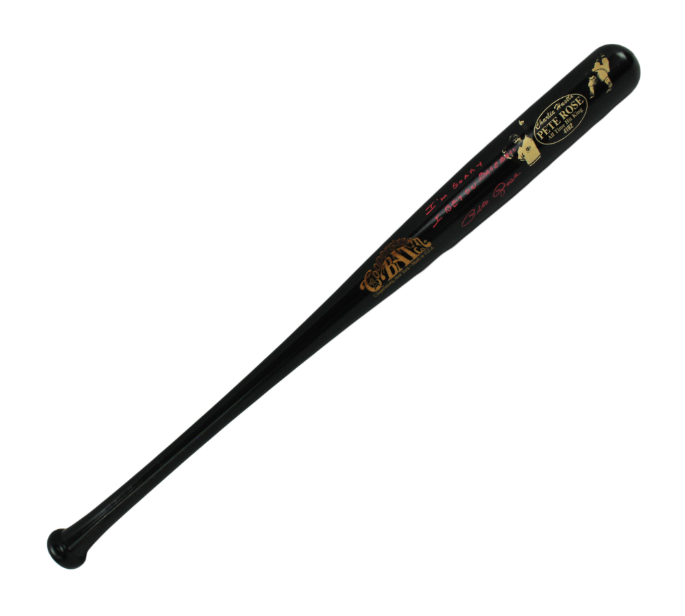 Pete Rose Signed Cincinnati Reds Cooperstown Engraved Black MLB Bat - Red Ink with "I'm Sorry I Bet On Baseball" Inscription - Image 2