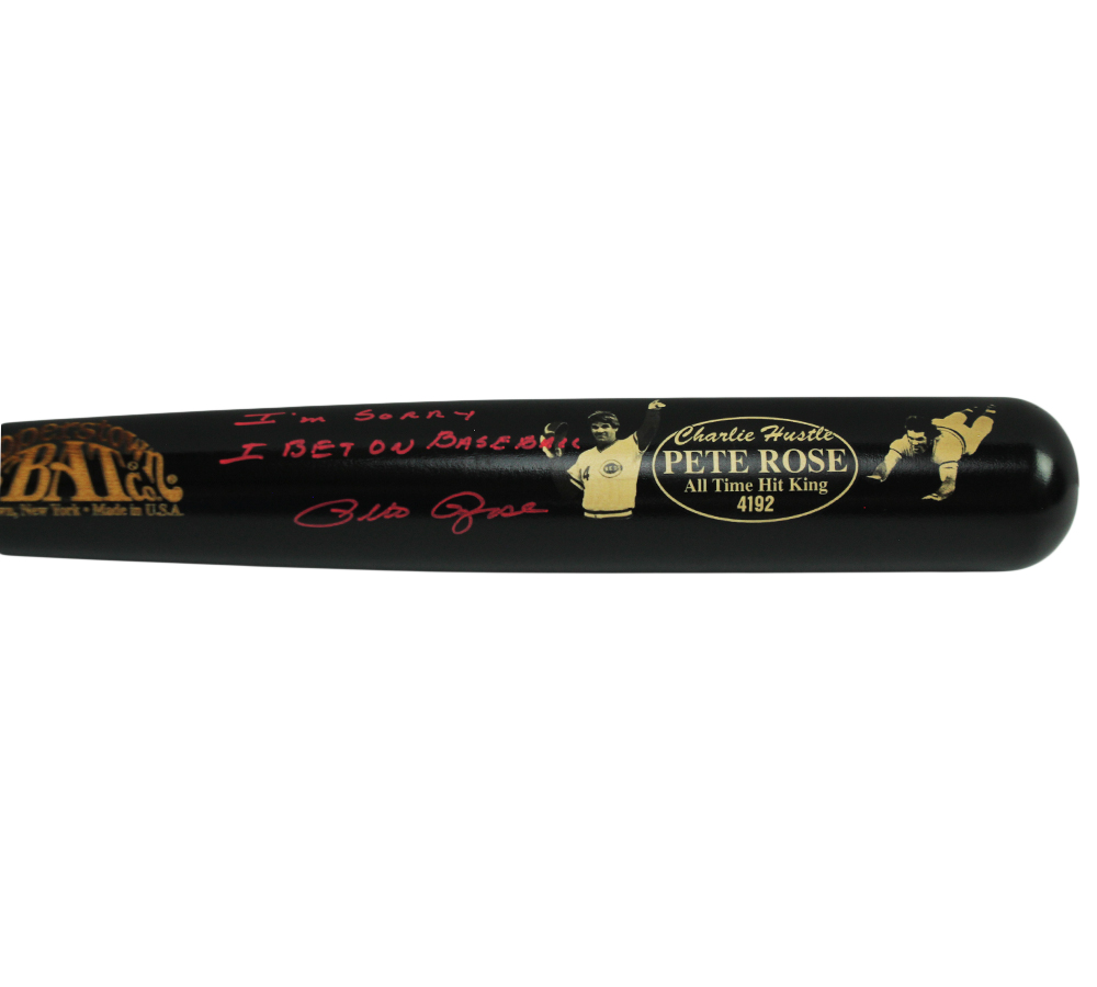 Pete Rose Signed Cincinnati Reds Cooperstown Engraved Black MLB Bat - Red Ink with "I'm Sorry I Bet On Baseball" Inscription - Image 3