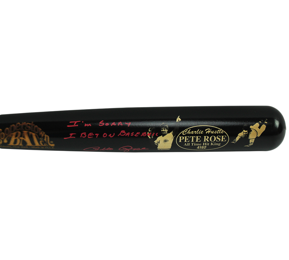 Pete Rose Signed Cincinnati Reds Cooperstown Engraved Black MLB Bat - Red Ink with "I'm Sorry I Bet On Baseball" Inscription - Image 4