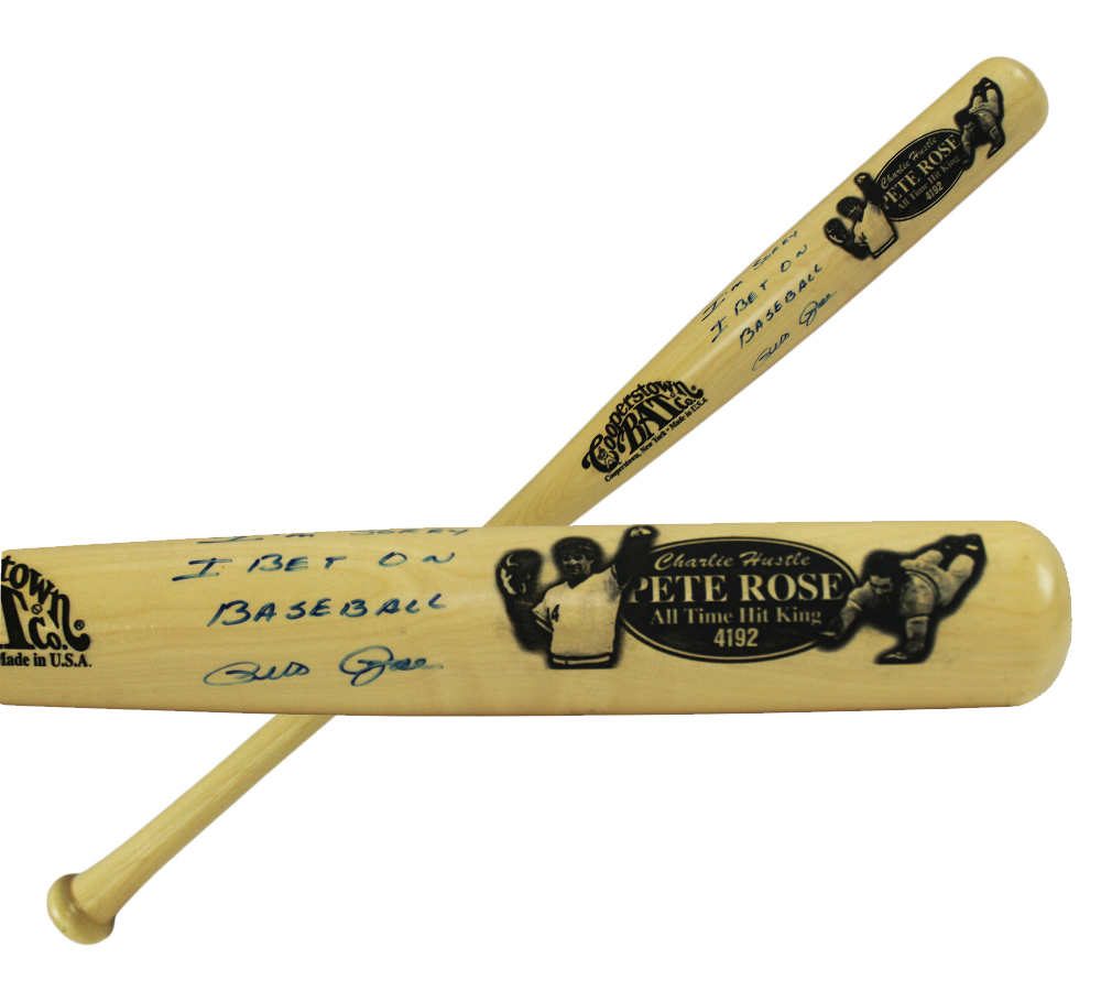 Pete Rose Signed Cincinnati Reds Cooperstown Engraved Blonde MLB Bat - Blue Ink with "I'm Sorry I Bet On Baseball" Inscription