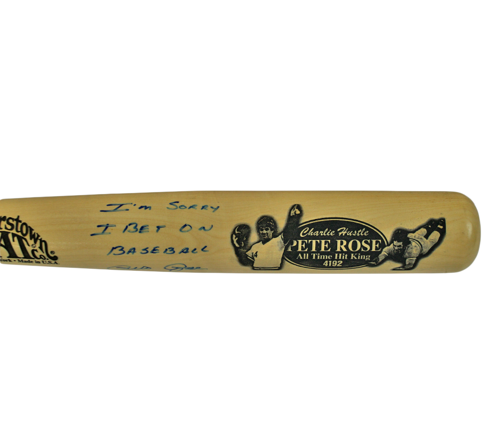 Pete Rose Signed Cincinnati Reds Cooperstown Engraved Blonde MLB Bat - Blue Ink with "I'm Sorry I Bet On Baseball" Inscription - Image 4