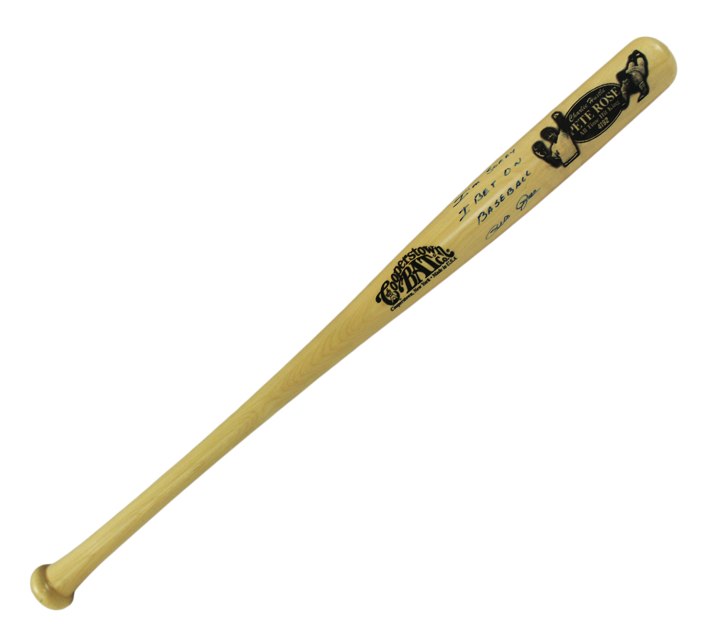 Pete Rose Signed Cincinnati Reds Cooperstown Engraved Blonde MLB Bat - Blue Ink with "I'm Sorry I Bet On Baseball" Inscription - Image 2