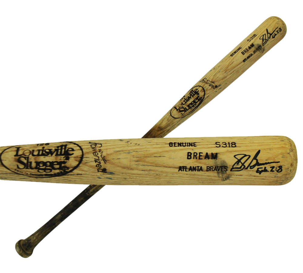Sid Bream Signed Atlanta Braves Louisville Slugger Cracked Game Used Blonde Bat with "Eph 2:8" Inscription