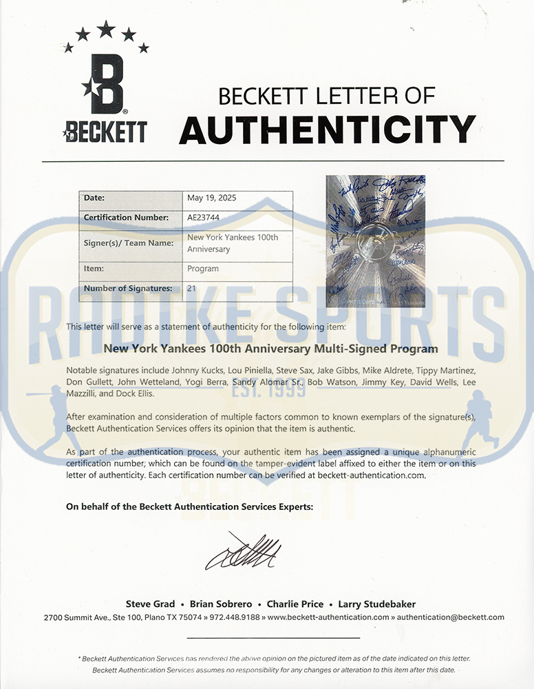 Yogi Berra, Lou Piniella, David Wells Multi-Signed New York Yankees 100th Anniversary Program- 21 Signatures - Image 4