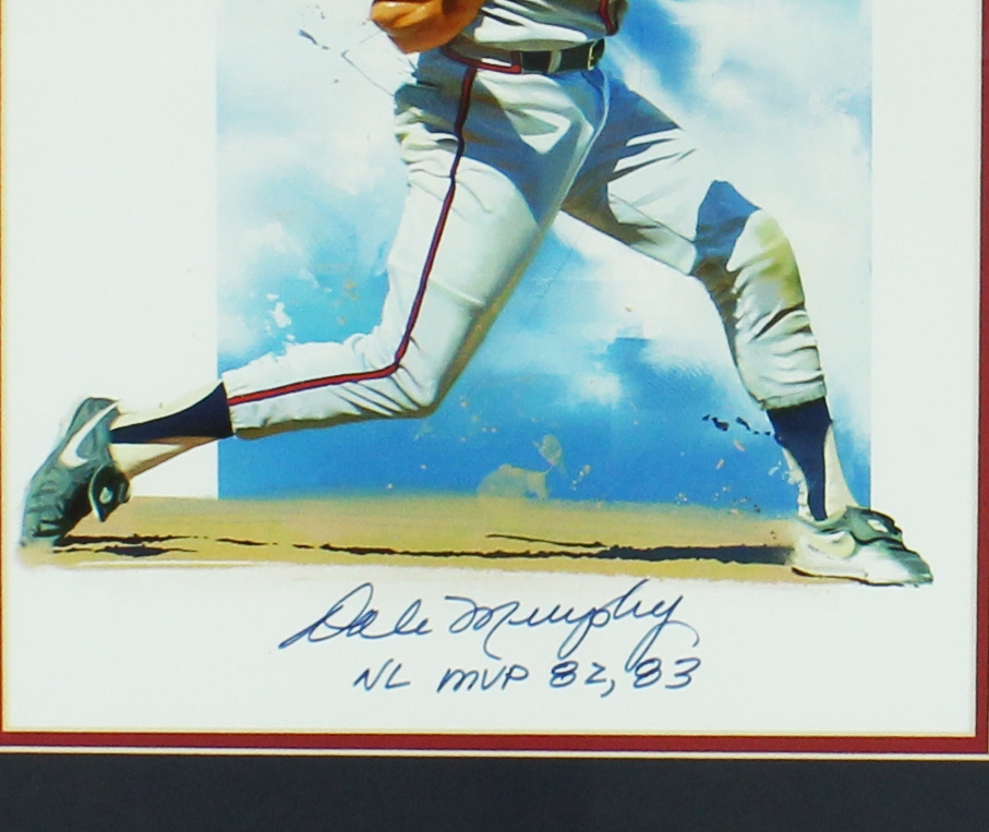 Dale Murphy Signed Atlanta Braves Framed 16x20 Swinging MLB Print With "NL MVP 82, 83" Inscription - Image 2