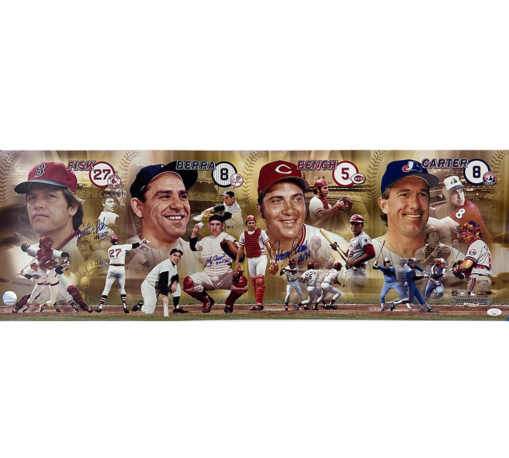 Yogi Berra, Carlton Fisk, Johnny Bench Signed Unframed 12x36 MLB Pamoramic Collage Photo