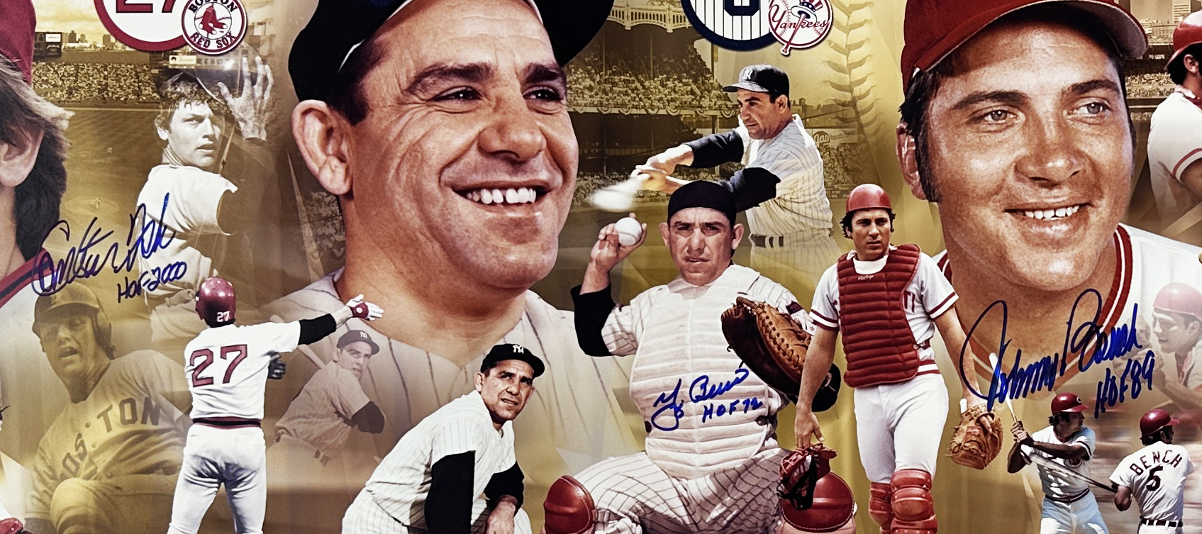 Yogi Berra, Carlton Fisk, Johnny Bench Signed Unframed 12x36 MLB Pamoramic Collage Photo - Image 2