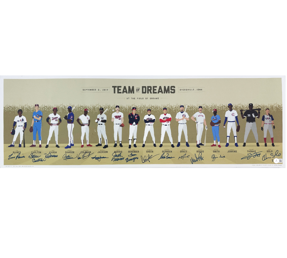Reggie Jackson, Frank Thomas, Rod Carew Multi-Signed Unframed 12x36 Team of Dreams at The Field of Dreams Print - Image 2