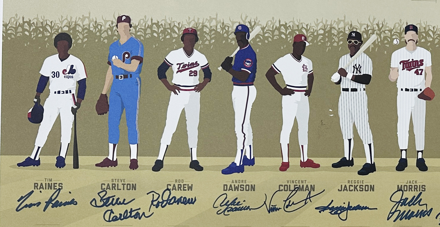 Reggie Jackson, Frank Thomas, Rod Carew Multi-Signed Unframed 12x36 Team of Dreams at The Field of Dreams Print - Image 3