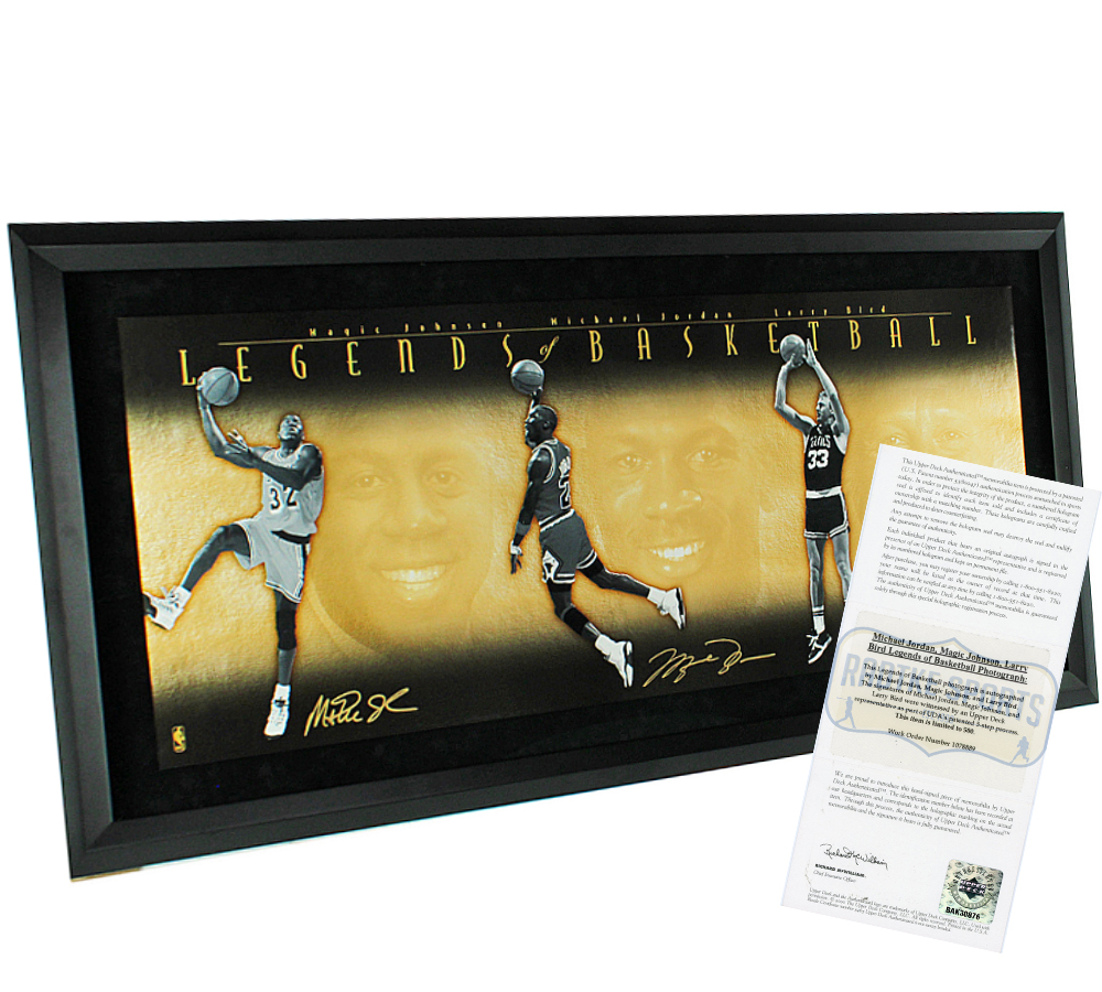 Magic Johnson, Michael Jordan, Larry Bird Signed Framed Legends of Basketball UDA Print - Limited Edition 241 of 500