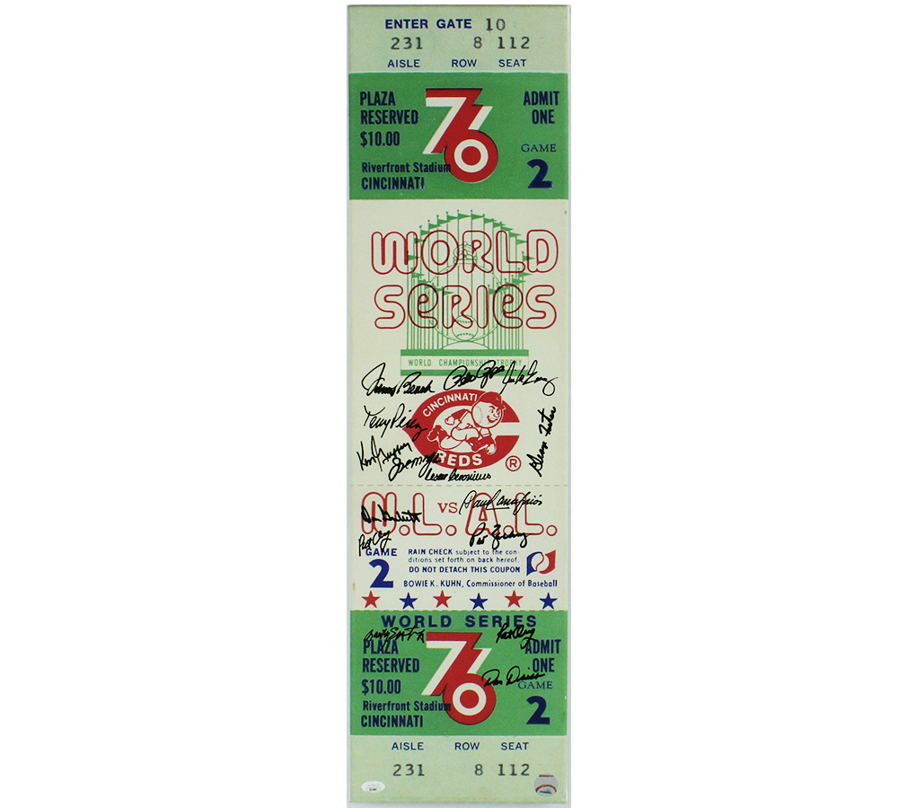 Johnny Bench, Tony Perez, Pete Rose +12 Signed Cincinnati Red Signed 1976 World Series Mega Ticket Canvas - JSA Authenticated