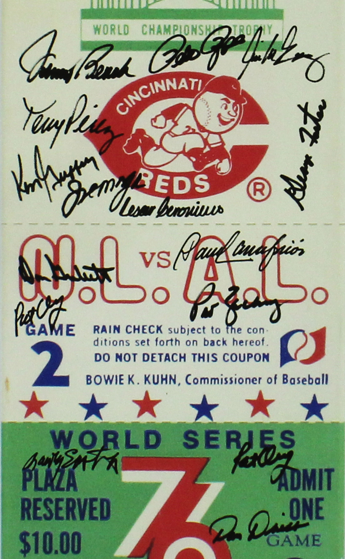 Johnny Bench, Tony Perez, Pete Rose +12 Signed Cincinnati Red Signed 1976 World Series Mega Ticket Canvas - JSA Authenticated - Image 2