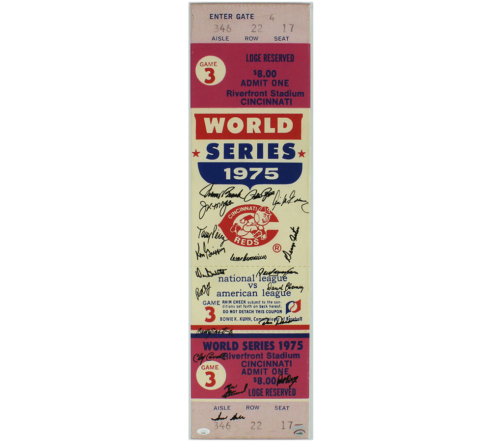 Johnny Bench, Tony Perez, Pete Rose +15 Signed Cincinnati Red Signed 1975 World Series Mega Ticket Canvas - JSA Authenticated