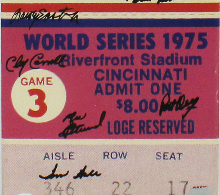 Johnny Bench, Tony Perez, Pete Rose +15 Signed Cincinnati Red Signed 1975 World Series Mega Ticket Canvas - JSA Authenticated - Image 3