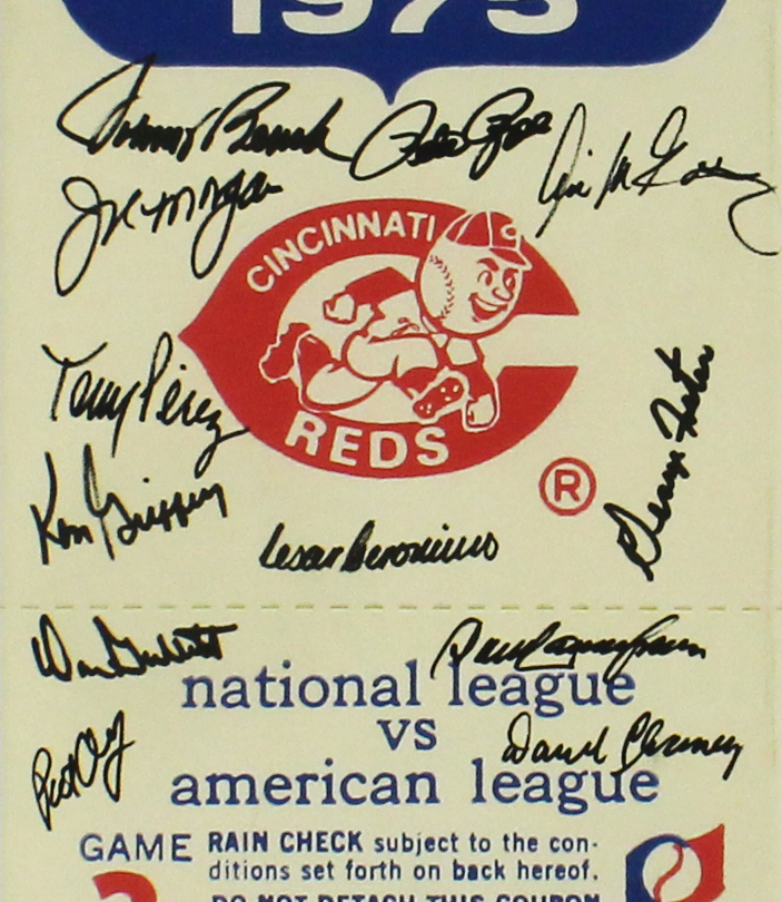 Johnny Bench, Tony Perez, Pete Rose +15 Signed Cincinnati Red Signed 1975 World Series Mega Ticket Canvas - JSA Authenticated - Image 2