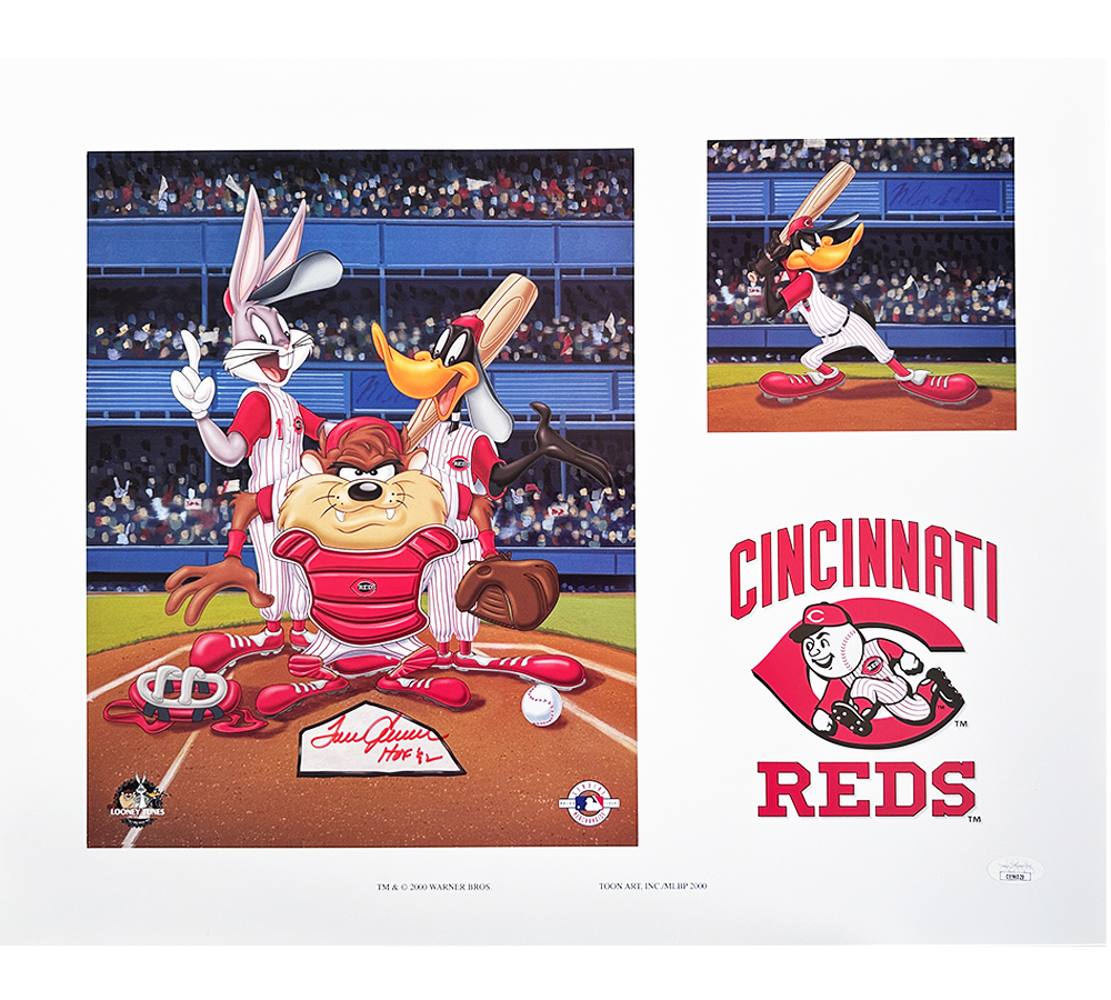 Tom Seaver Signed Cincinnati Reds Unframed 16x20 Looney Tunes MLB Photo with "HOF 92" Inscription - Red Ink