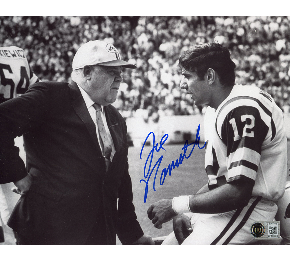 Joe Namath Signed New York Jets Unframed 8x10 NFL Black & White Photo with Coach - Beckett Authenticated