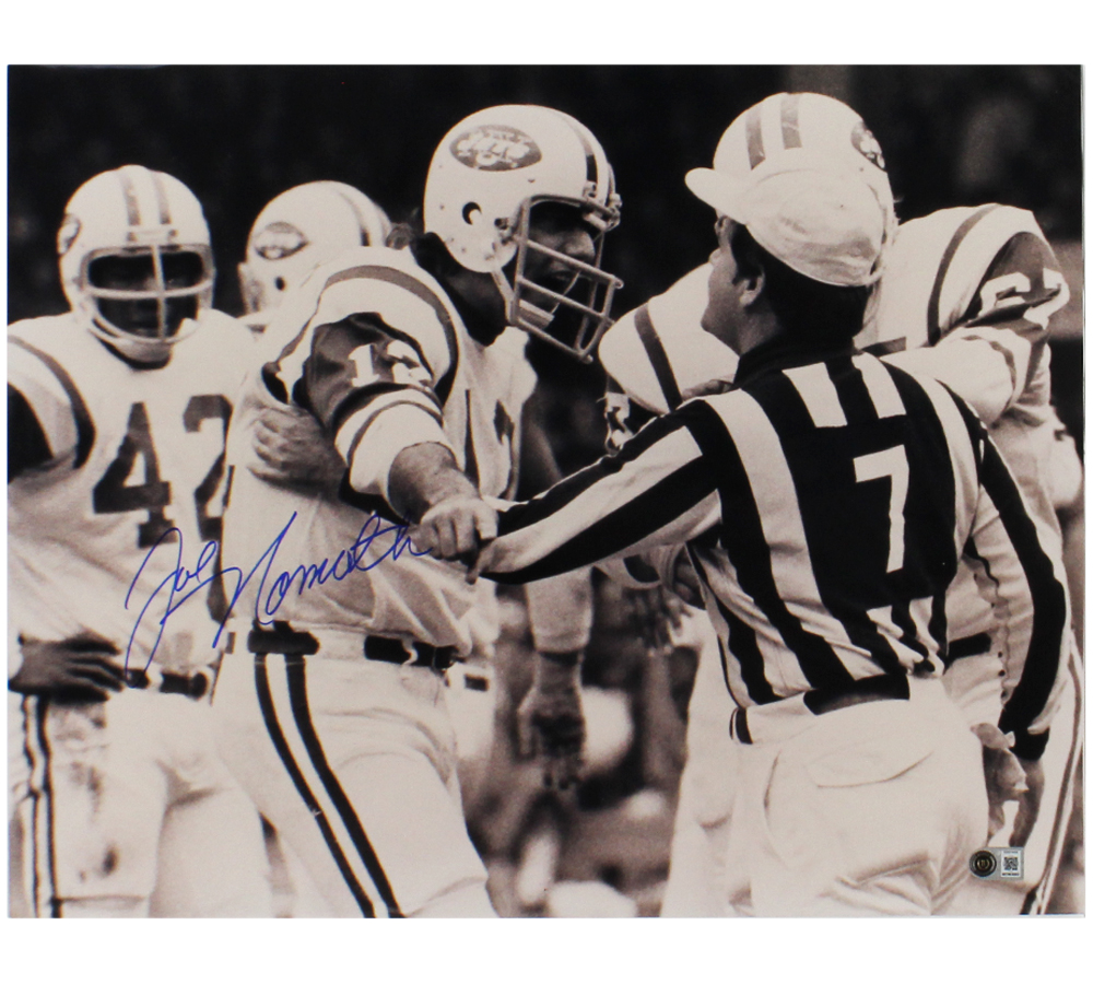 Joe Namath Signed New York Jets Unframed 16x20 NFL Black & White Photo with Referee - Beckett Authenticated